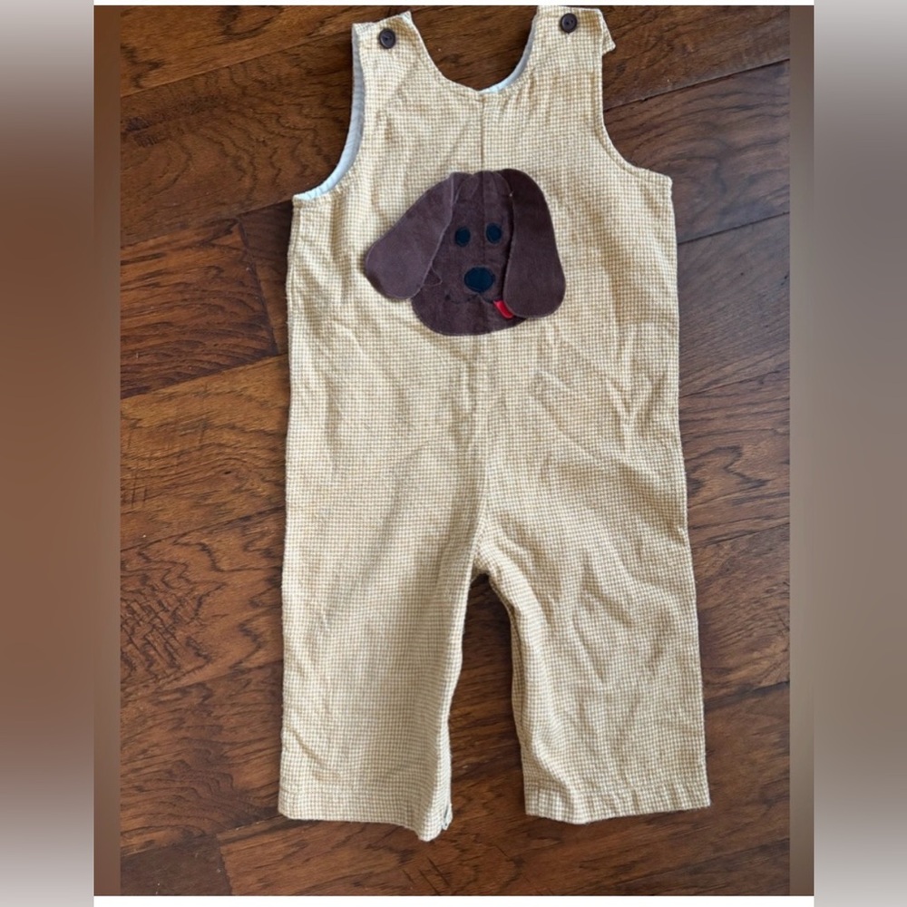 Beige Baby Boy Dog Appliqué Corduroy Romper